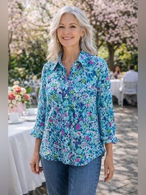 Lilly Pulitzer Sea View Linen Button Down Top Womens Sz M Blue Multicolored